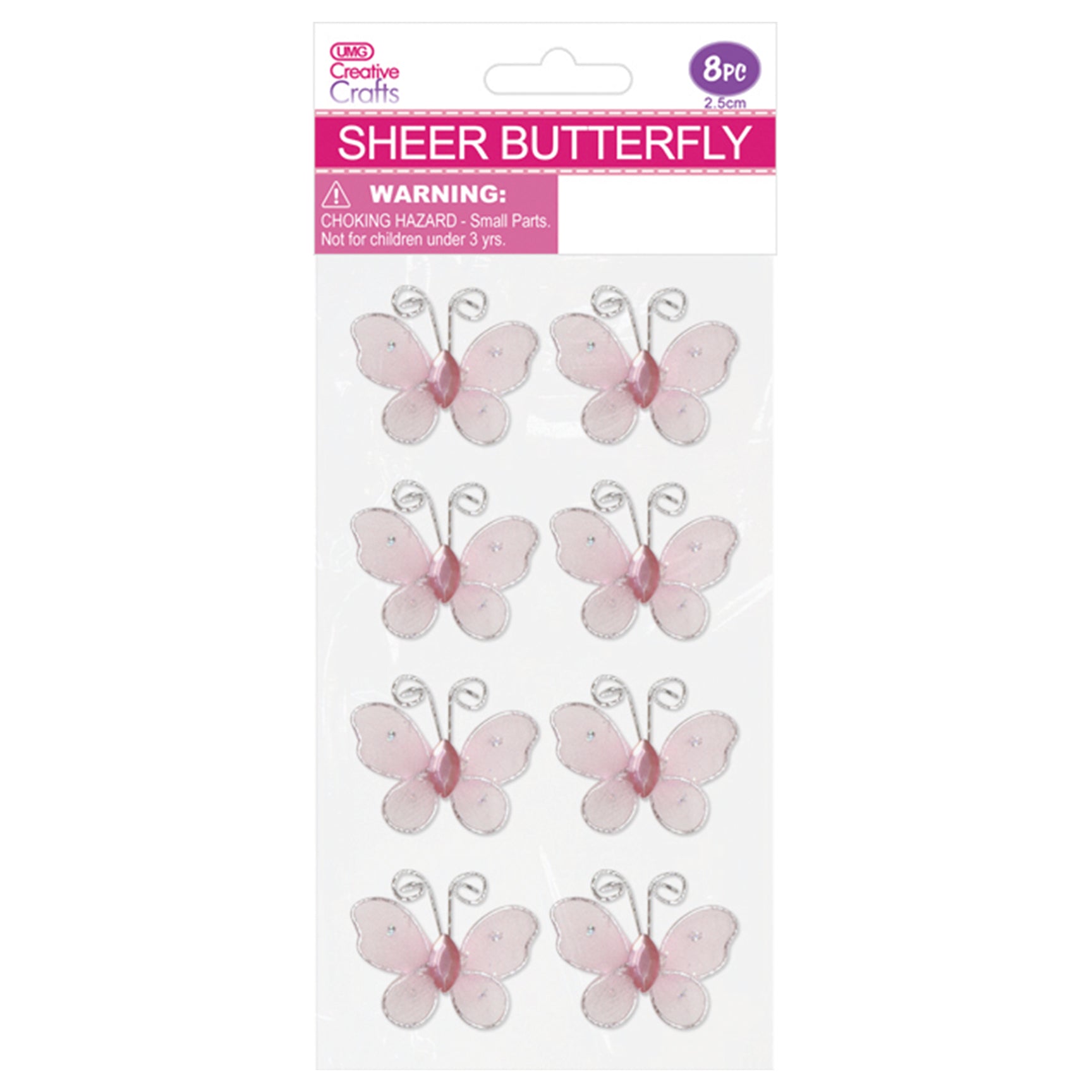 BUTTERFLY EMBELISHMENT 2.5CM 8PC LT PINK