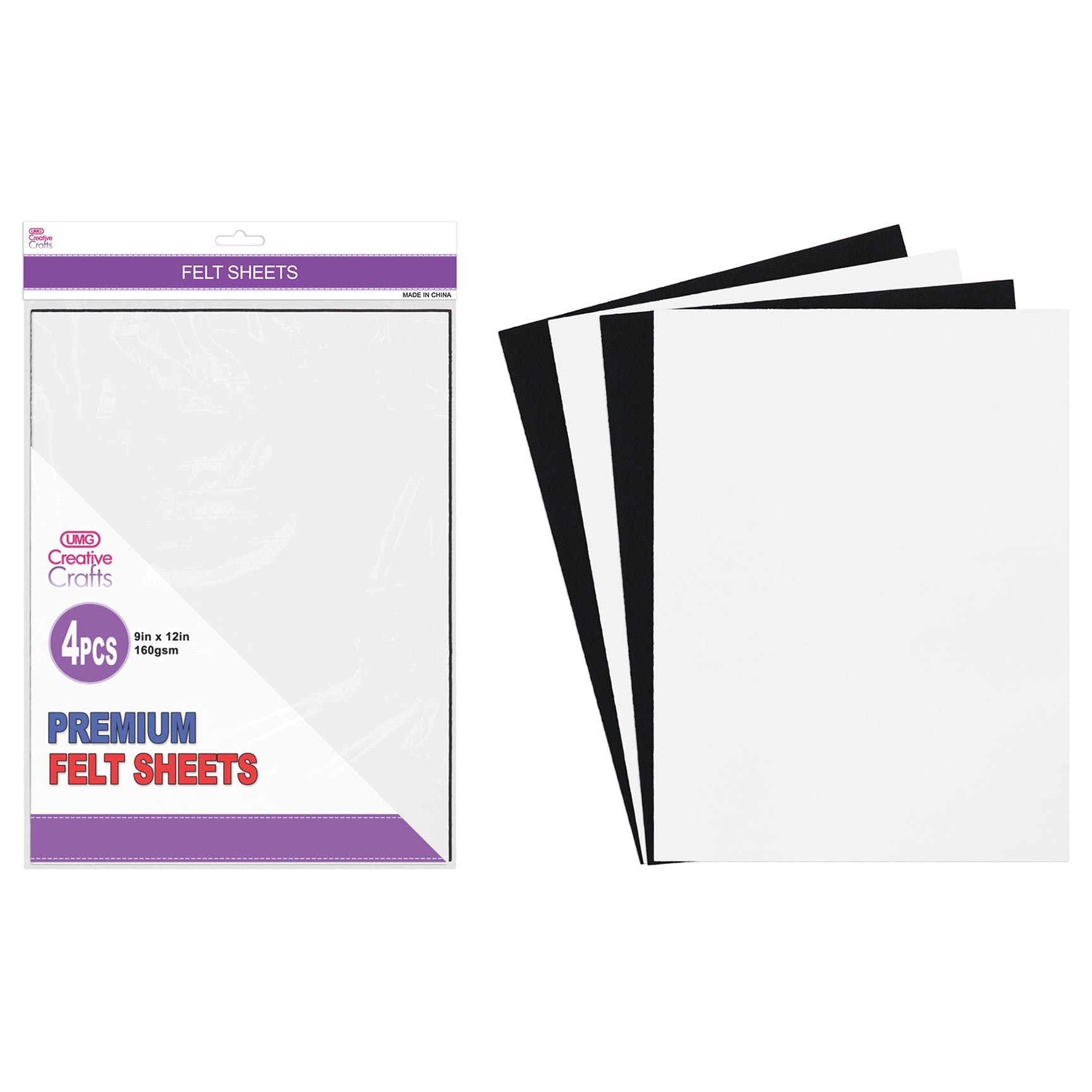 FELT SHEET 4PC 9"X12" BLACK AND WHITE 160GSM