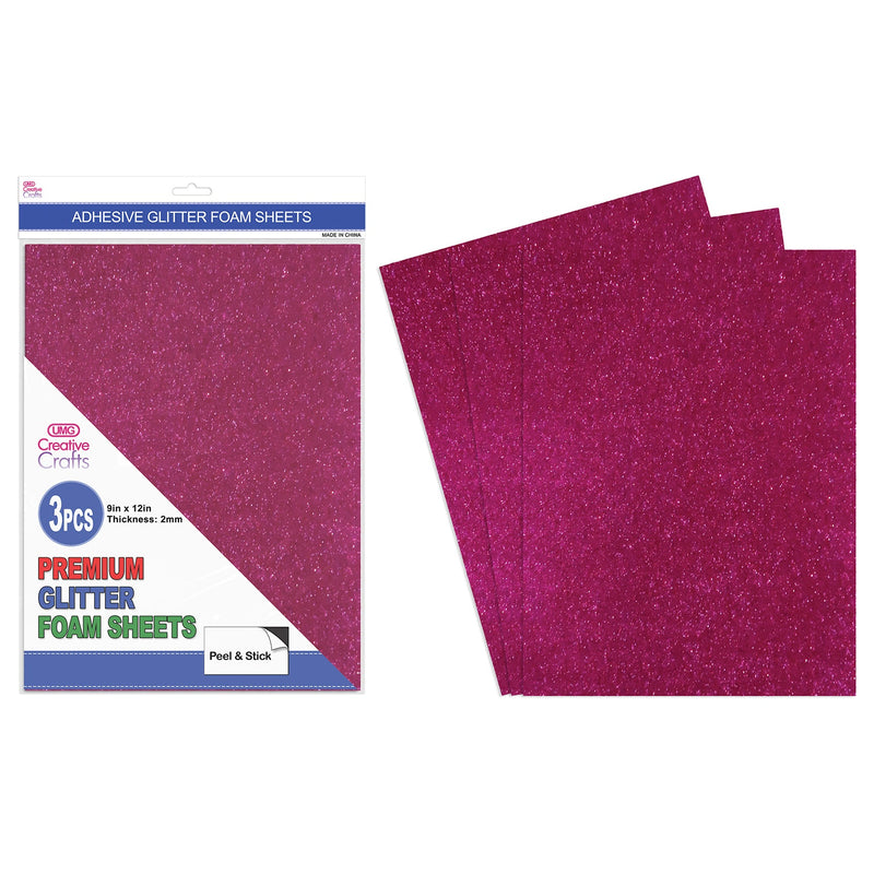 GLITTER FOAM SHEETS PEEL&STICK 3PC HOT PINK 9"X12" 2MM