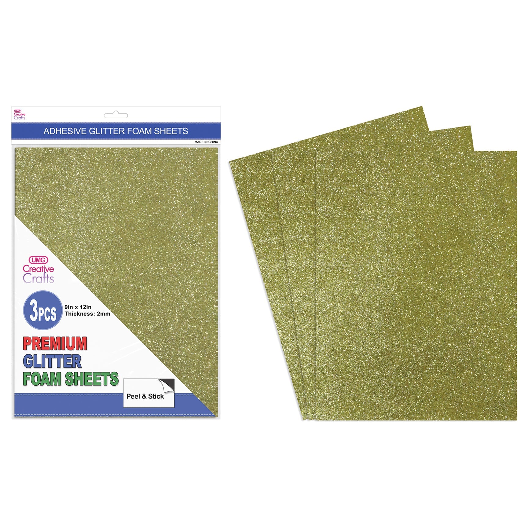 GLITTER FOAM SHEETS PEEL&STICK 3PC LIGHT GOLD 9"X12" 2