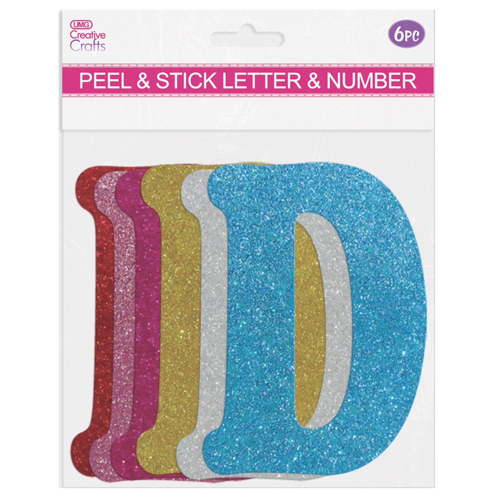 GLITTER LETTERS "D" PEEL&STICK 6 COLORS ASSTD 12-14CM