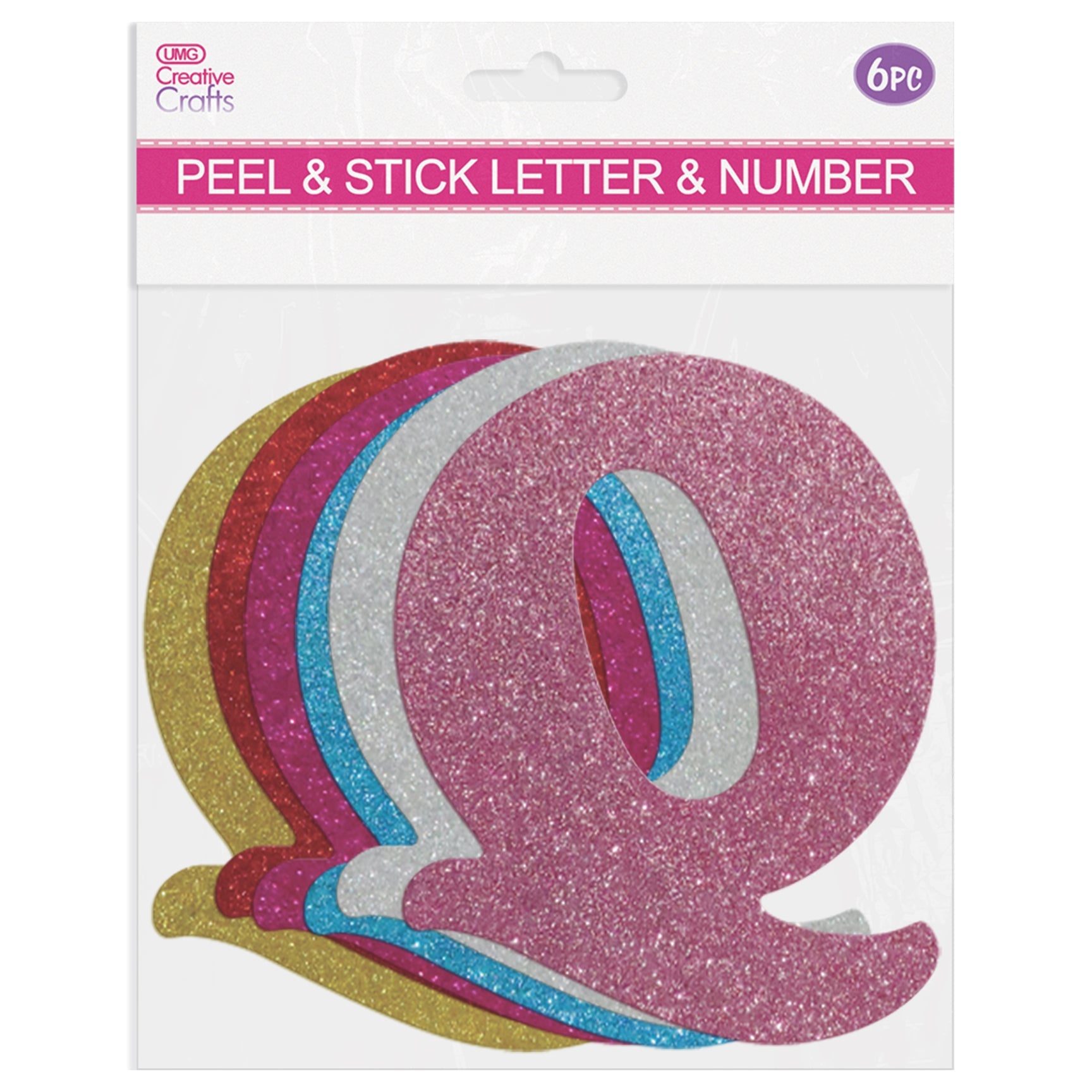 GLITTER LETTERS "Q" PEEL&STICK 6 COLORS ASSTD 12-14CM