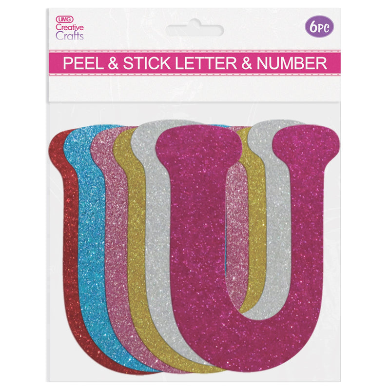 GLITTER LETTERS "U" PEEL&STICK 6 COLORS ASSTD 12-14CM