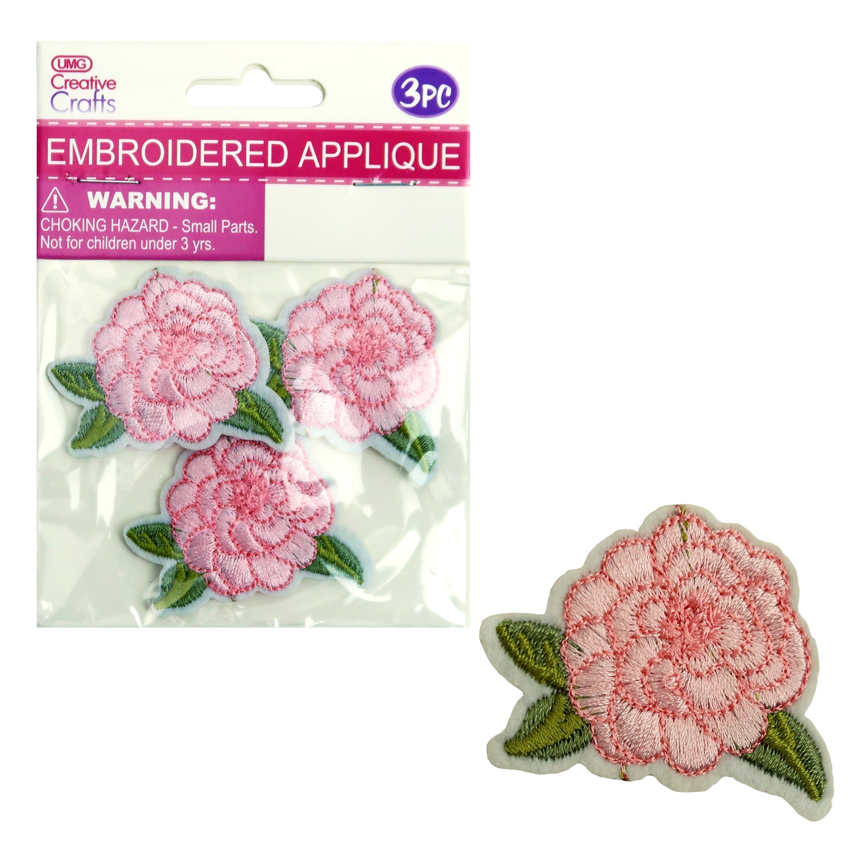 ROSE EMB. APPLIQUE 5CMx4CM 3PC PINK