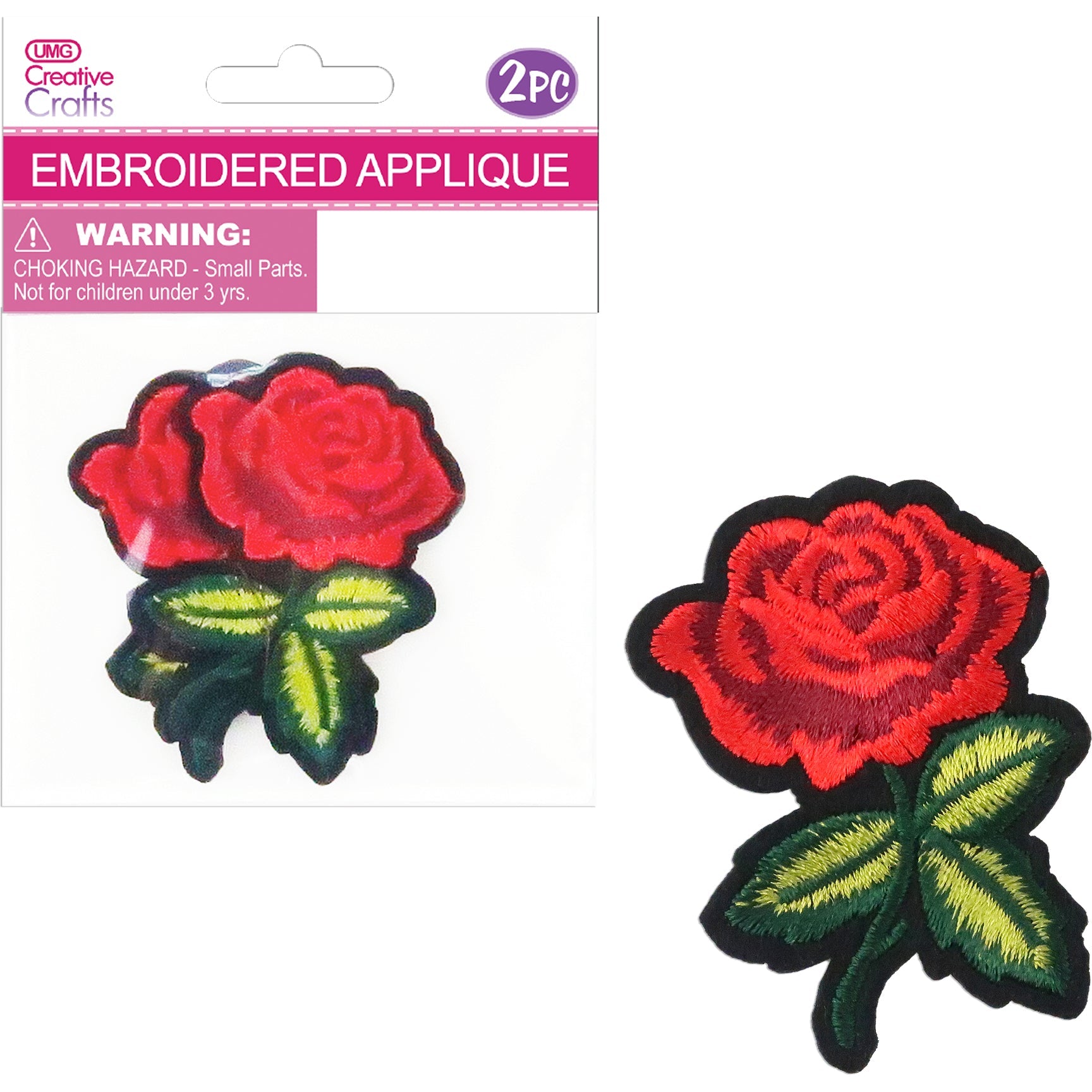 ROSE EMB. APPLIQUE 7CMx5CM 2PC RED