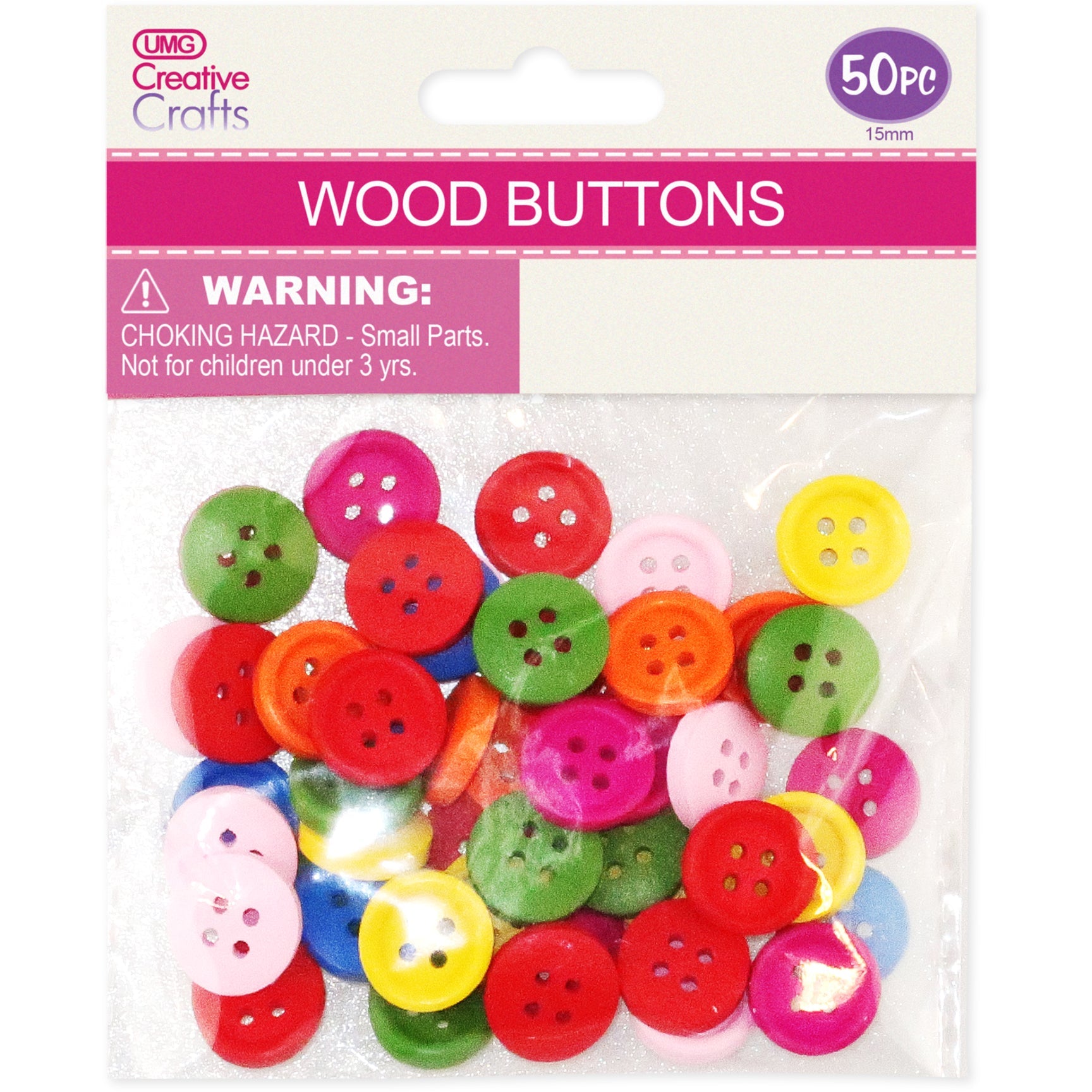 WOOD CRAFT BUTTONS (COL) 15MM 50PC