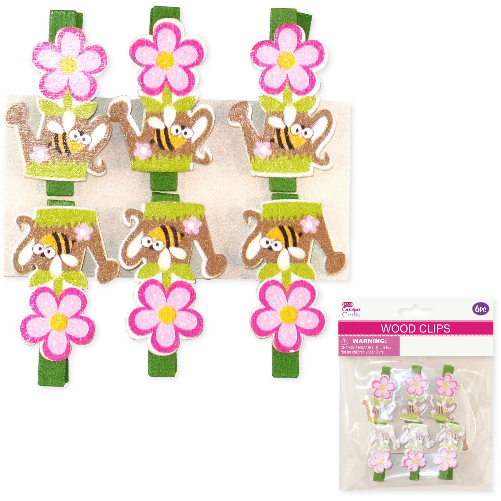 WOOD CRAFT FLOWER & BEE 4.5CM 6PC PINK