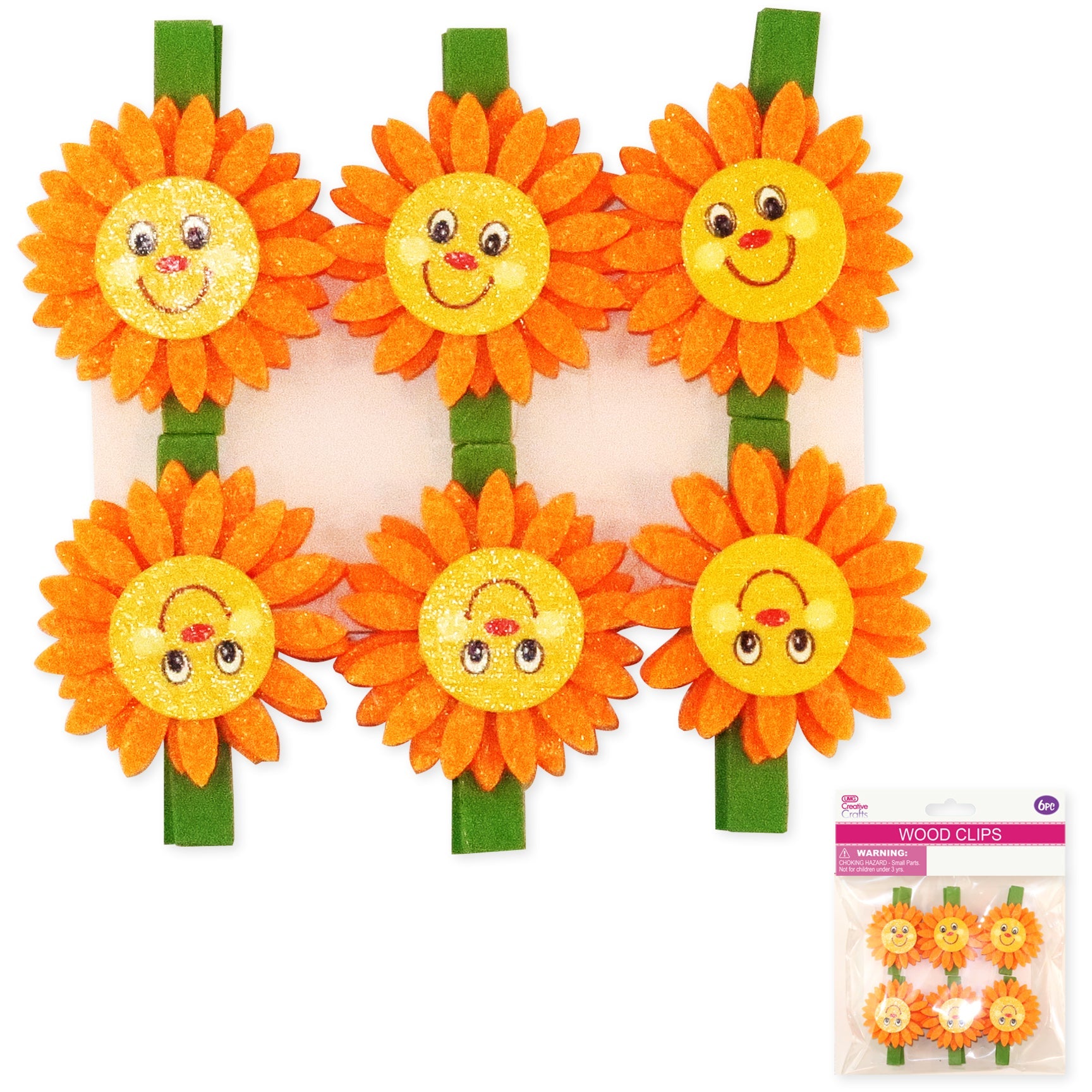 FELT SUNFLOWER SMILEY CLIP 4.5CM 6PC