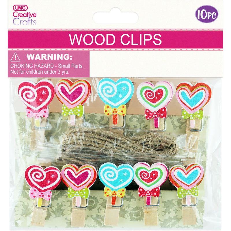 WOOD CRAFT CLIPS HEART 10PC