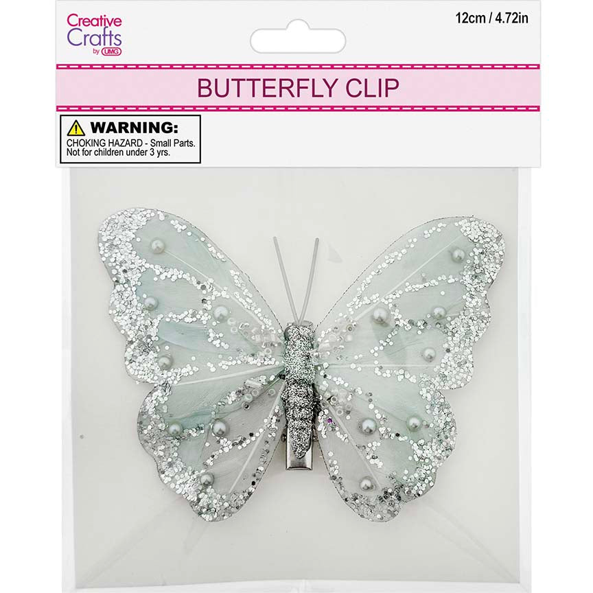 BUTTERFLY CLIP EMB SILVER 12CM 1PC