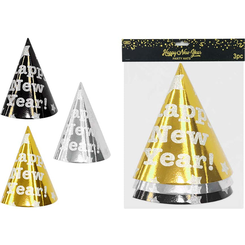 CONE HAT "HAPPY NEW YR"  BLK&GLD; 3PCS