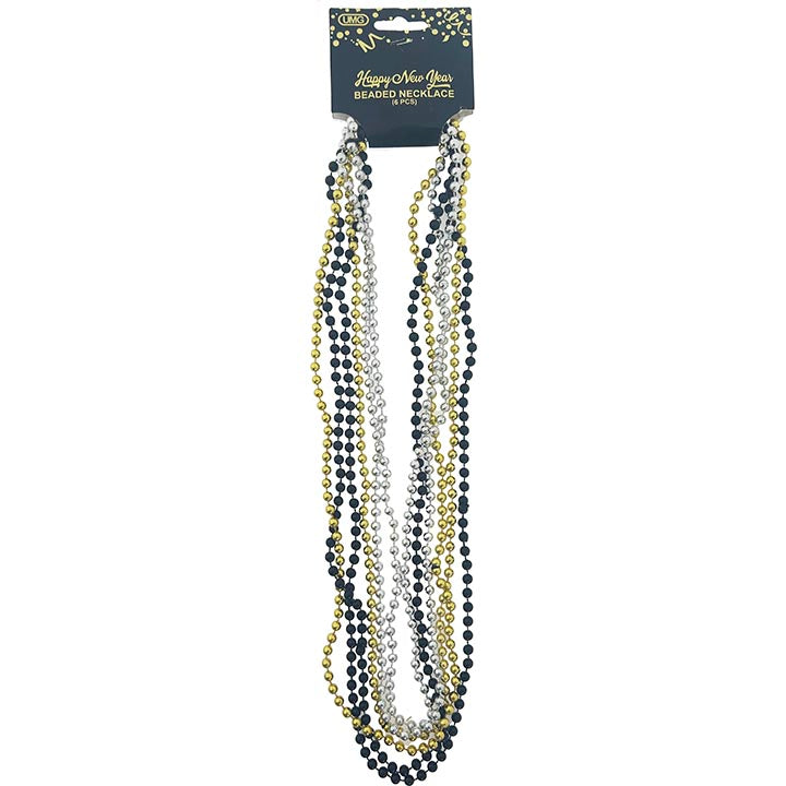 BEADED NECKLACE SLVR, BLCK & GLD 6PCS 6MM