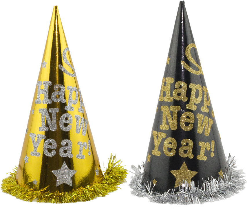 BIG CONE HATS "NEW YEAR" W/FRINGE BLK&GLD