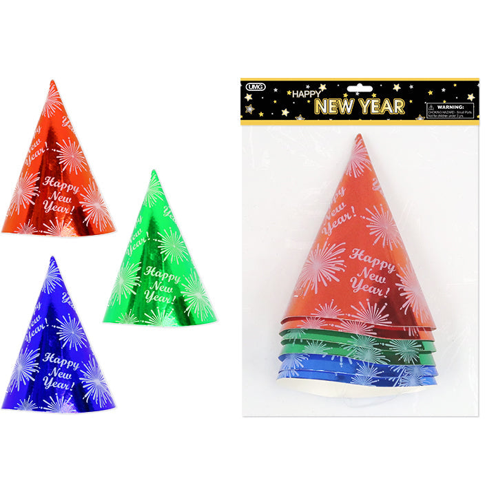 NEW YEAR CONE HAT; 6PK ASSTD COLORS