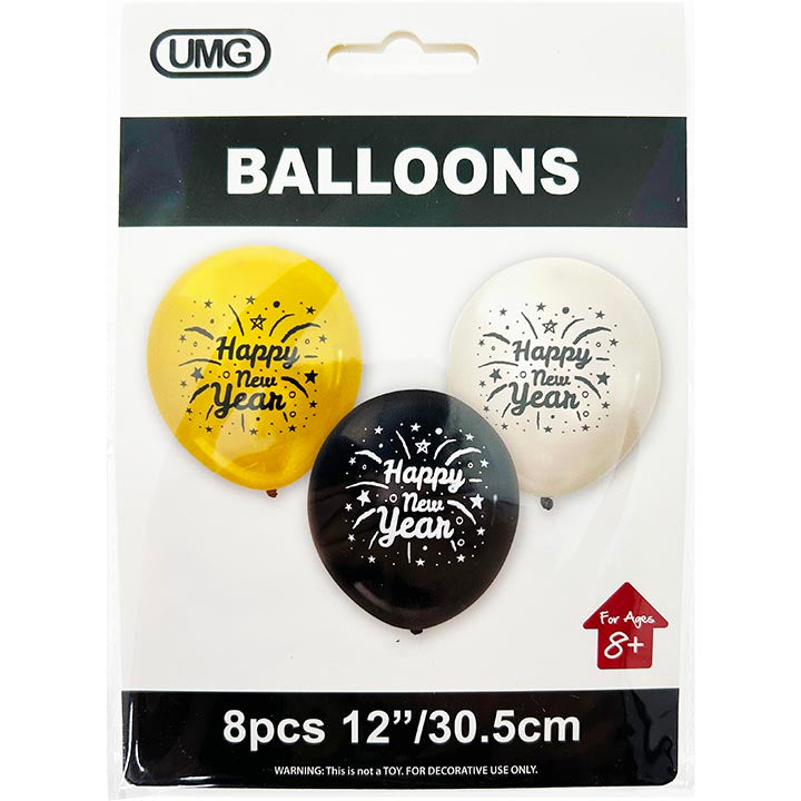 NEW YEAR BALLOONS 8PK 12IN 3ASTD