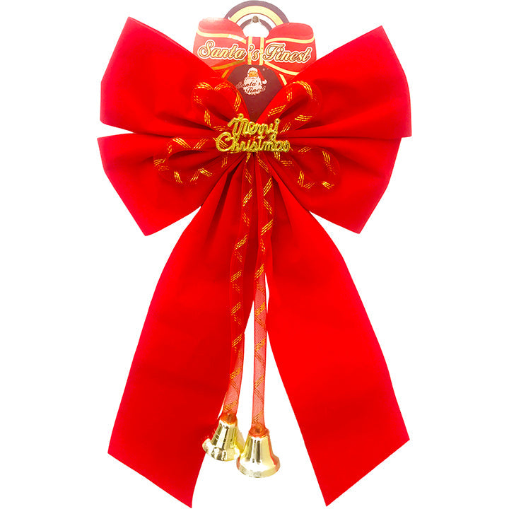 BOW VELVET "MERRY CHRISTMAS" W/ 2 BELLS (12/PK)