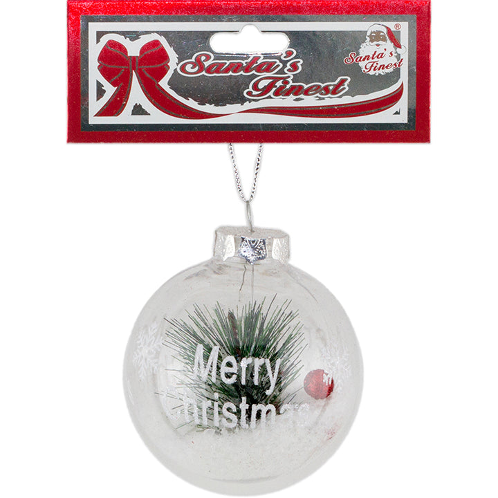 BALL ORN; "MERRY CHRISTMAS" CLEAR W/ BERRIES 8CM 1PC