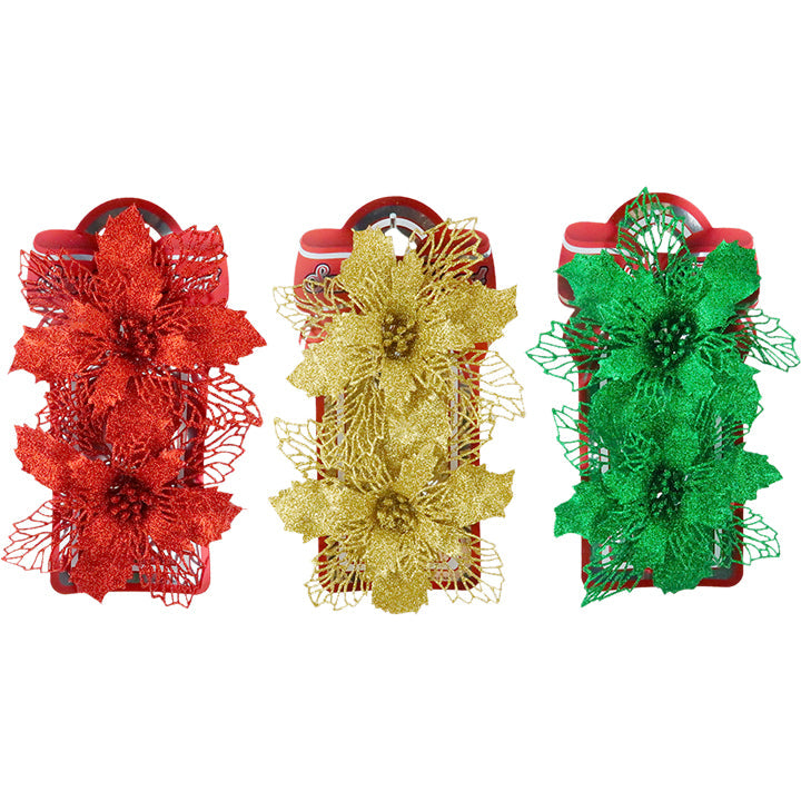 POINSETTIA GLITTER CLIPS 17.5CM 2PC TRD