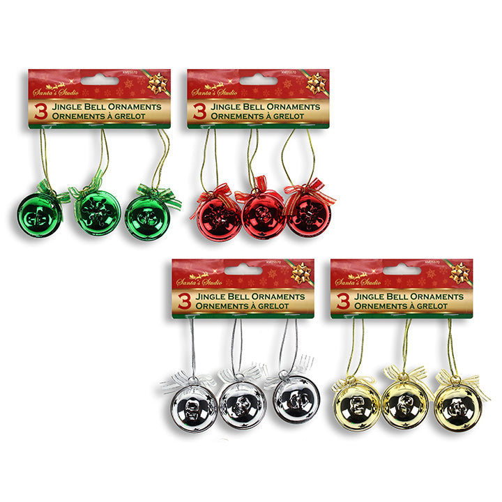 JINGLE BELL 3PK W/BOW 4ASTD 36MM (DIA)