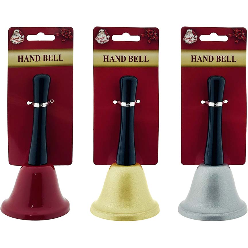 HAND BELL 5" W/WOOD LOOK HANDLE 3ASTD