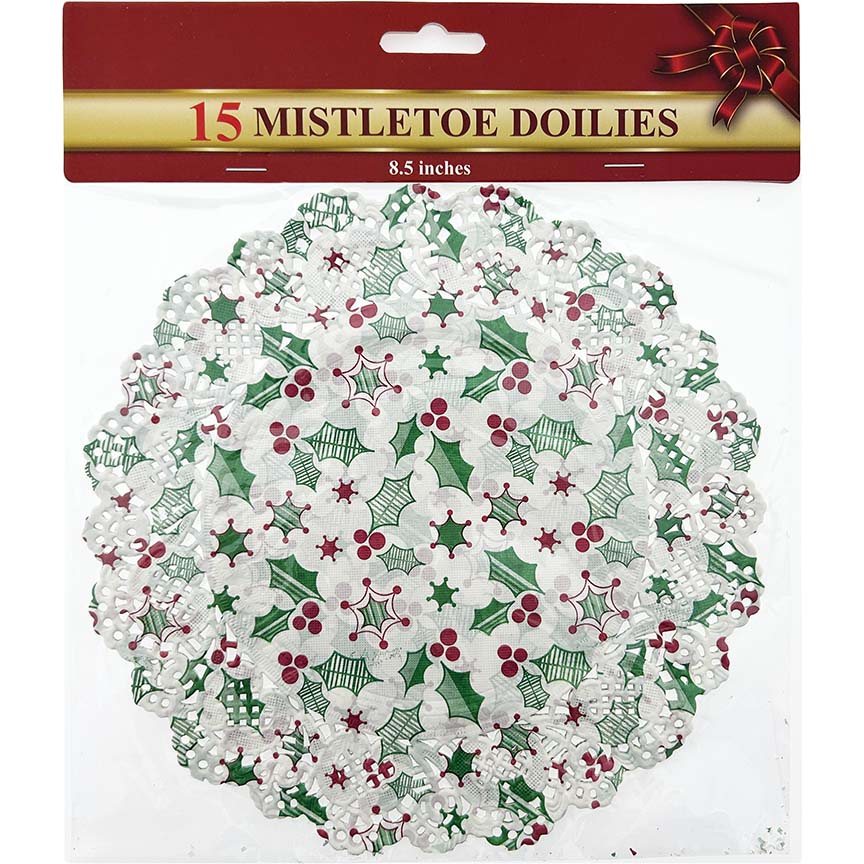 MISTLETOE DOILIES 15CT 8.5" PRINTED