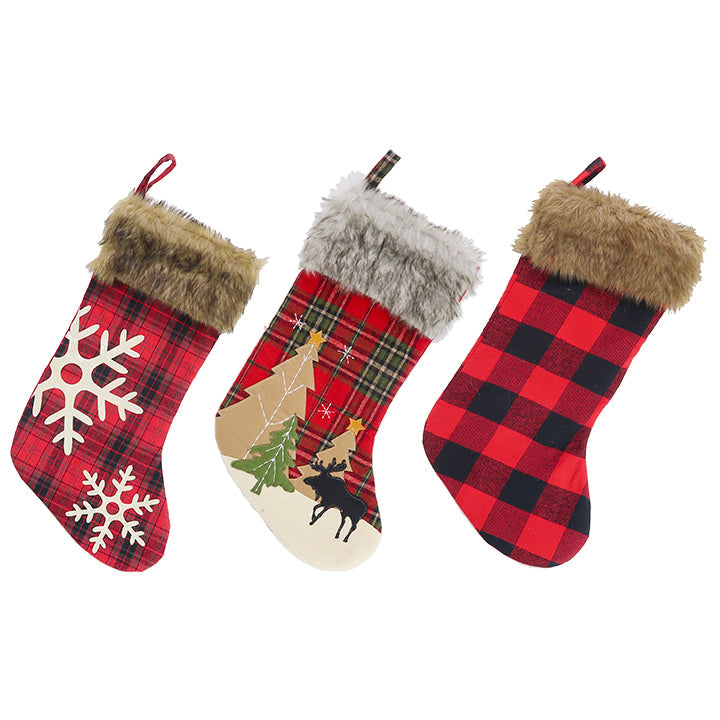 CHRISTMAS STOCKINGS PLAID 48*27CM 3ASTD