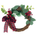 WREATH W/ LEAVES & PLAID BOW 25CM