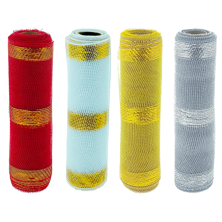 RIBBON MESH W/GOLD STRIPS 5Y*26CM 4ASTD