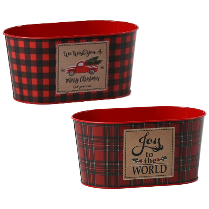 CHRISTMAS BUCKET OVAL 2 ASSORTED PLAID