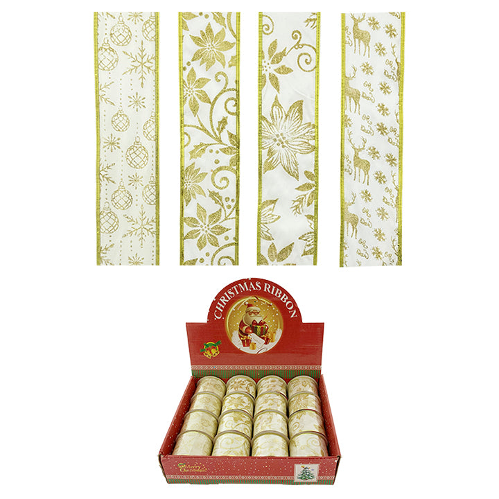 RIBBON SATIN IVORY/GOLD 2.5INx3YRD 4ASTD